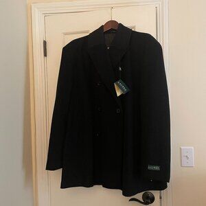 New Mens Lauren Ralph Lauren Double Breasted Peacoat - Black/Size Large